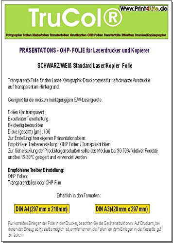 100 Blatt A4 Overheadfolie für s/w Laserdrucker und Kopierer (OHP Transparentfolie Transparentpapier)