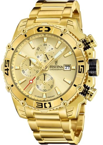 Festina Herrenuhr Analog aus Edelstahl 316l Goldfarben F20492/1 | Quarzwerk, Chronograph, Kalender, Widerstandsfähiges Mineralglas