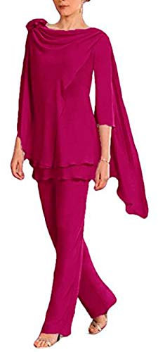 Traje de gasa para mujer, 2 piezas, escalonado, para madre de la novia, para boda, graduación, vestido de noche, fucsia, 40