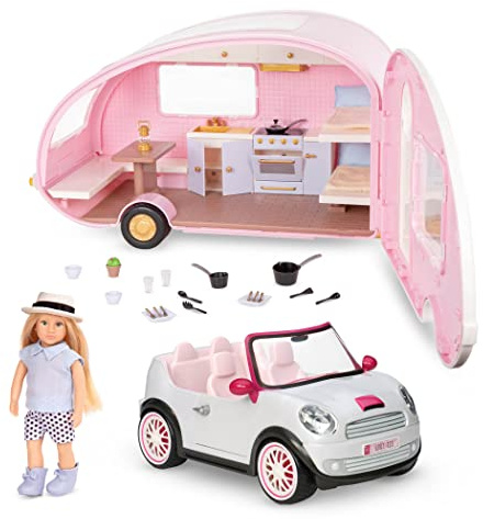Lori Eliza's Glamping Set, Doll Camper and Convertible Car Set, Playsets | 36-piece playset with 6-inch doll, camper, car, outfit, bedding, table, cookware, and utensils for pretend camping, 3+ Years