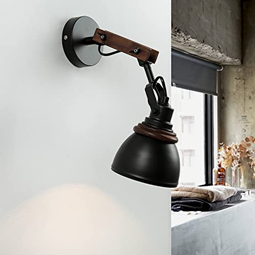 Licht-Erlebnisse Wandleuchte Metall Holz in Schwarz Natur Wohnzimmer Schlafzimmer T:41 cm E14 bis 40 W flexibel wohnliche Retro Wandlampe Flur NOAH