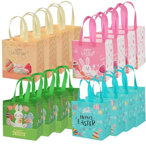 YANGTE Easter Gift Bags Bulk 16 Pack Reusable Party Bags with Handles, Colorful Egg Hunt Baskets for Kids, Bunny Treat Bag, Durable Easter Favor Basket for Candy & Gifts