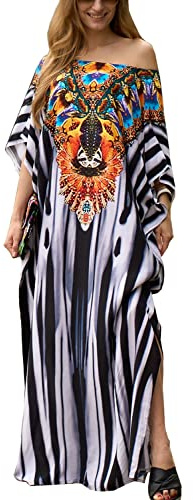 YouKD bohemisk lång sommarkaftan för damer, etniskt mönster, maxiklänning, strand, bikini, skydd, solskydd, En Storlek