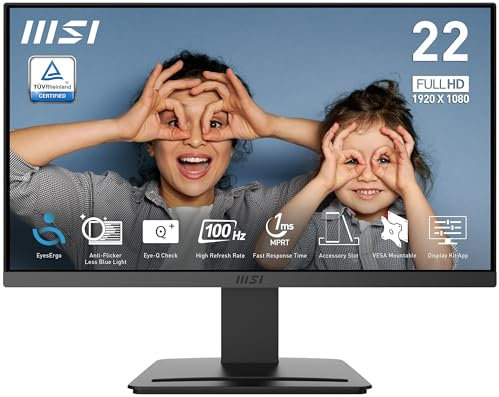 MSI Pro MP223 E2 Monitor Profesional Full HD de 21.45, Resolución 1920 x 1080, 100Hz, Pantalla Agradable a la Vista, inclinación Ajustable, HDMI 1.4b, Display Port 1.2a, Negro
