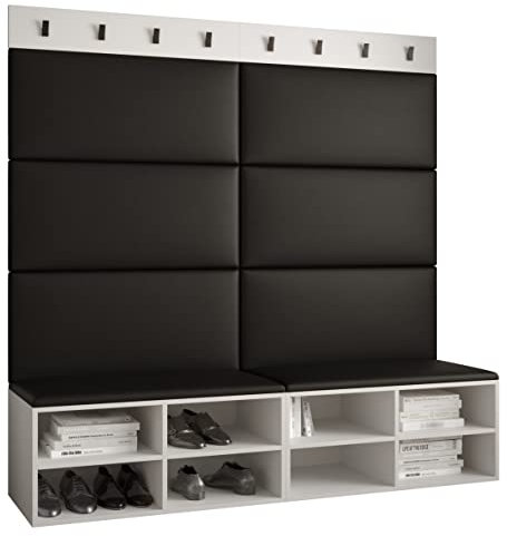 MEBLE KRYSPOL Garderobe MIRO Set 7 mit gepolsterten Paneelen Modern Design (schwarzes Öko-Leder, Weiß Matt)