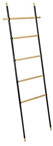 WENKO Handtuchleiter Mod. Loft freistehende Handtuchhalter im Industrial Style mit 5 Sprossen & 2 Haken aus FSC-zertifiziertem Bambus Gestell aus pulverbeschichtetem Metall 43,5x162x2 cm Schwarz Natur