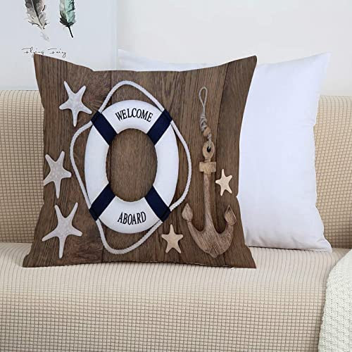 2er-Set Dekorativ Kissenbezug 45x45 cm,Anker, Rettungsring Anker Seestern Muscheln über alte Eich,Polyester Kissenbezüge Dekokissen Kissenhülle Set Kissen Fall für Sofa Auto Schlafzimmer Zuhause Dekor