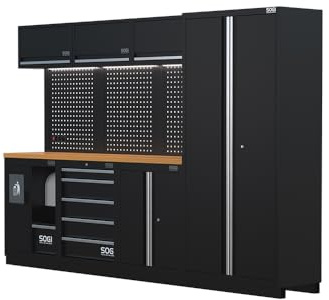 Muebles modulares de chapa SOGI ARR-OFF-2955-L, Armario de Garaje, Tapa de Madera - 2955x465x2000 mm