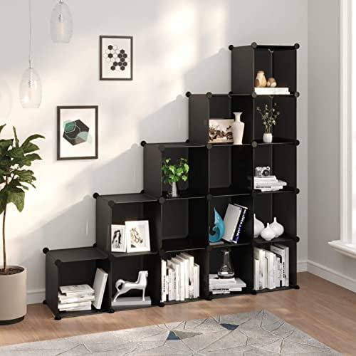 ZEYUAN Regalsystem mit 15 Würfeln Schwarz PP, Vitrine, Raumteiler Regal, Steckregal, Regalsystem, Stufenregal, Bücherregal, Schrank Regal