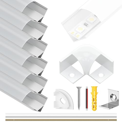 Xwartre LED Aluminium Profil 6 x 1m V-Form mit LED Profil Milchig Weißer Abdeckung, LED Diffusoren, und Montageklammer, Eckverbindern, Metall Befestigungs Clips, für LED Streifen & LED Bänder