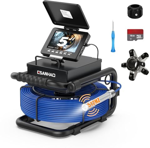 Telecamera Ispezione Tubi Kit, Sonda Telecamera Endoscopio con Trasmettitore 512 HZ e Autolivellamento, 5'' Endoscopio Professionale con Registratore DVR, IP68 Telecamera per Fognatura Impermeabile