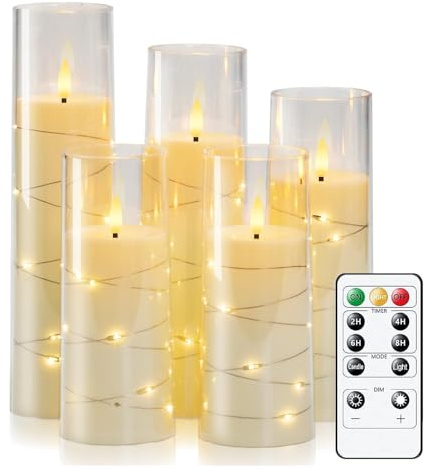 Homemory Slim White Flameless Candles Flickering with String Lights, Clear Acrylic Led Candles Battery Operated with Remote Control and Timer for Wedding Home Decor, Realistic 3D Flame, Set of 5
