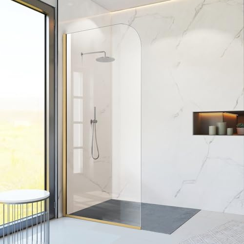Glass Shower Panel, 34 W x 74 H Semi-Framed Fixed Shower Glass Panel in Brushed Gold with 5/16(8mm) Clear Tempered Glass Door, Simple Shower Door Panel for Bathroom
