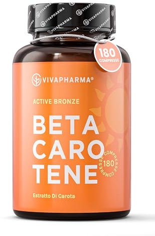 Betacarotene per Abbronzatura Forte, 180 Compresse (1 al Giorno), Integratore Beta Carotene (8mg per Compressa) da Estratto di Carota, Sostiene Pelle e Vista - Scorta 6 Mesi, Made in Italy