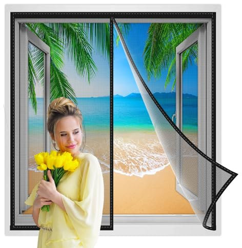 Magnétique Moustiquaire Fenêtre 150x130cm Automatique Rideau, Moustiquaire à Fermeture Aimantée, Kit d'Installation Complet, Punaises et Bande Adhésive Inclus Noir Renforcés