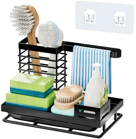 Mooisco Spülbecken-Caddy mit Geschirrtuchhalter, Karbonstahl, Spülbecken-Organizer mit abnehmbarer Wasserwanne für Schwamm, Spülbürste, Waschbeckenstopfen, Stahlwolle, Seife