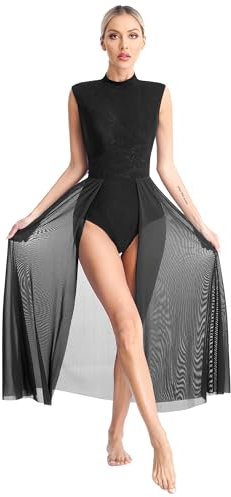 Hedmy Damen Tanzkleid Ballett Kleid Ärmellos Spitzen Trikotanzug Rumba Tango Kleid Tanzbody Wettbewerb Tanzkostüm Schwarz S