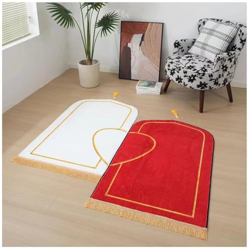 Dai Lufei bönmatta – muslimsk bönematta tjock och mjuk kashmirimitation Lslamisk bönematta för kvinnor män Ramadan Eid Bayram religionsövning gåva (vit röd, 80 x 140 cm)