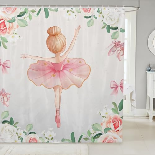 Decorative Ballet Theme Shower Curtain Waterproof Polyester Fabric,Ballerina Girl Bath Curtain Home Bathroom Decor Hanging Curtain with Hooks 72 x 78 Inch,Machine Washable