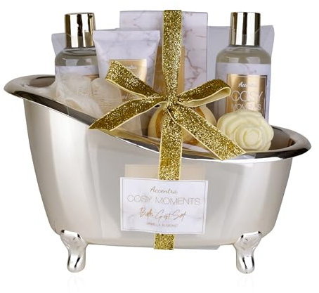 Accentra - COSY MOMENTS Bade- & Duschset in gold - Geschenk Set zur Entspannung für Frauen zum Geburtstag oder Weihnachten - 7-Teiliges Wellness Geschenk- & Pflegeset mit Mini Deko-Badewanne