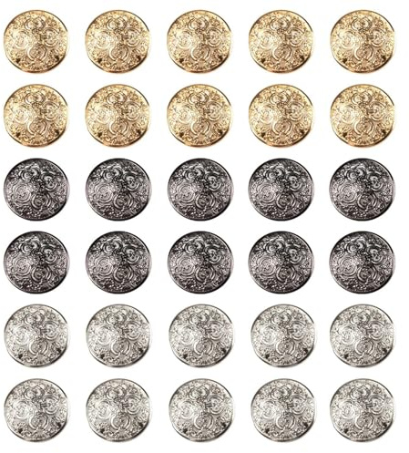 30 st vintage metallknappar, dekorativa knappar, runda knappar, ihåliga graverade knappar, gör-det-själv-sömnadsmaterial