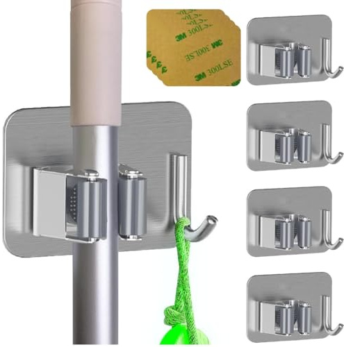 Ataraxia Home - Set di 4 ganci per scopa e mozzi adesivi, organizer e supporto scope da parete adesivo, appendere e sostenere scope, scopino da parete - Porta scopa per appendere scopa e mocio (grigio