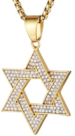HZMAN Davidstern Halskette für Männer Frauen Edelstahl Cubic Zirconia Hexagramm Anhänger jüdischer Israel Schmuck Geschenk (Gold)
