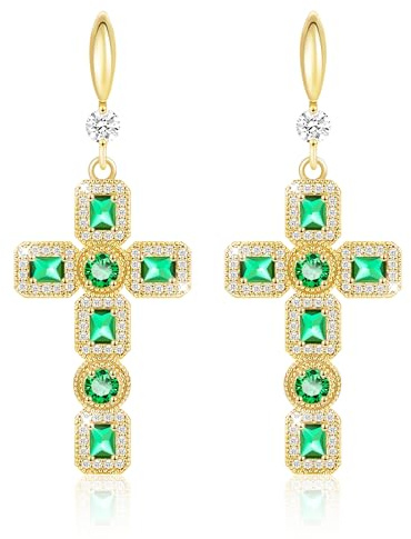Linawe Pendientes con forma de cruz verde, pendientes colgantes en forma de cruz dorada, con piedra natal de moissanita, diamantes de imitación de cristal, pendientes de moda
