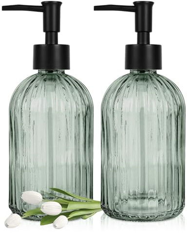 2 Pcs Glass Soap Dispenser with Pump, 13.5 Oz/400 ml Clear Liquid Dispenser, BPA Free Refillable Green Bottle Non-slip for Shampoo, Shower Gel in Bathroom, Countertop, Kitchen, Laundry Room, Hotel