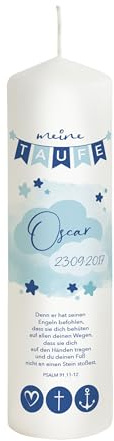 Liamoria® Taufkerze Junge blaue Wolken mit Name, Datum und Spruch 25 cm - Modell Oscar - Hochwertige Kerze zur Taufe