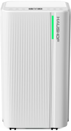 HAUSHOF 12L/Day Dehumidifier for Home, with Air Purification, Digital Humidity Display, Low Energy&Low Noise 24H Timer, 2L Water Tank & Drainage Hose, Ideal for Damp, Drying Clothes and Air Freshening
