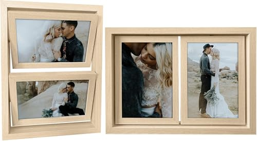 Ichigo Ichie Portafotos Giratorios de Doble Cara, Marcos de Fotos de Madera Giratorios para Escritorio para 4 Fotos de 10x15cm por Delante y por Detrás, Madera