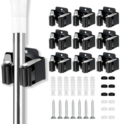 Colgador Escobas y Fregonas 9 Piezas, Soporte Escobas Pared Acero Inoxidable, Perforado (Tornillos Incluidos) para Cocina, Baño, Garaje y Jardín, Color Negro