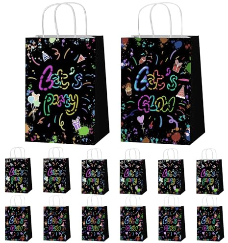 PHOGARY 12 Stück Neon Party Geschenktüten Kindergeburtstag mit Henkel, Glow in the Dark Geburtstagstüten Mitgebsel Kinder, Papiertüten Klein für Neon Fasching kinderdisco Geburtstagsdeko