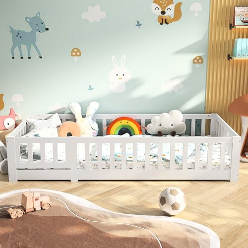 DAHUEN Bodenbett 90x200 Montessori Kinderbett mit Rausfallschutz & Lattenrost, Sicheres Kleinkindbett für Jungen und Mädchen, Holzbett aus Kiefer Massivholz,Weiß (Weiß)