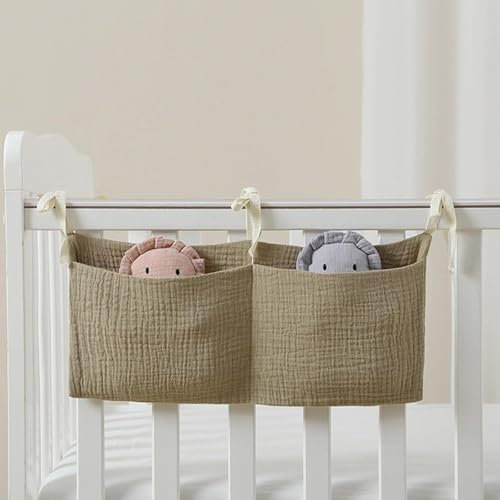 Babybett Organizer,Doppelte Baumwolle Baby Kinderzimmer Organizer mit 2 Taschen,Vielseitig Einsetzbar Betttasche Spielzeugtasche,Hängen an Krippe oder Wickeltisch,für Betten Windeln Kleidung Spielz