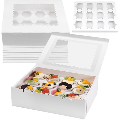 10 Set Cupcake Boxes Cardboard Cupcake with Pvc Window Picnic Containers with Inserts 12 Holders Dessert Containers for Packaging Transport Storage White Bakery Boxes for Egg Tarts Cookies Pastries