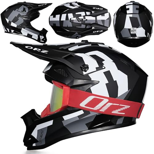 WMDMJT Casque De Motocross Intégral Noir Et Blanc avec Lunettes, Casque Moto Tout-Terrain Unisexe pour Adultes Et Jeunes, Doublure Amovible, VTT BMX Moto Cross,Black1-M