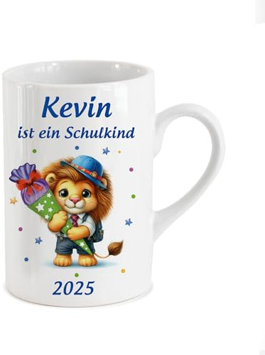 Tasse personalisierbar Einschulung mit Löwe aus Porzellan. Schulanfang Mädchen Junge mit Name Teetasse Motivtasse als Geschenkidee. In Deutschland bedruckt. 0,3L x H10cm