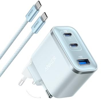 Anker Caricatore USB C 70W, Adattatore di Alimentazione ad Alte Prestazioni con Rapido a 3 Porte, Caricatore PIQ 3.0 per iPhone 17 Pro Max/Serie 16-12, MacBook Pro, iPad, Galaxy, Pixel e Altro (Blu)
