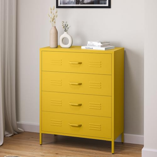 skølm Atria Kommode 100x80x40 cm, mit 4 Schubladen, Senfgelb, Metallschrank | Sideboard, Mehrzweckschrank Allzweckschrank, Aufbewahrungsschrank/Flurschrank/Schubladenschrank/Industrial Highboard Flur
