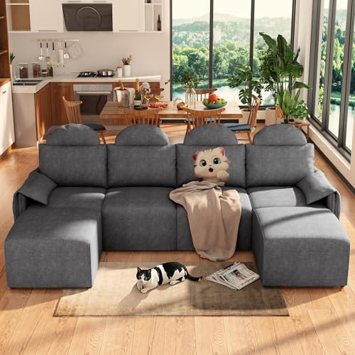Meeyar Ecksofa, U-förmiges Modulares Sofa, Mit Hocker Und Abnehmbaren Bezügen, Doppelseitigen Kissen, Kurzflorstoff Sofa 4-Sitzer Für Wohnzimmer Schlafzimmer Wohnung (274 x 152 x 104CM)