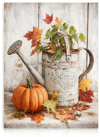 Dazzlewall Rustic Autumn Wall Art Print, Pumpkin Leaves Water Can Vintage Wall Decor Retro Artwork Print for Harvest Living Room Decor, 12x16 in Unframed