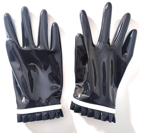 SecondSkin Black Latex Short Gloves with Pleated Lace Edges 0.4mm Thick Club Party Wear