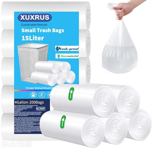 XUXRUS Bolsas Basura 15L Transparentes, Bolsas De Basura Pequeñas, 200 Uds | Bolsas De Basura Resistentes Y Antifugas, Tamaño 48x55cm Para Papeleras Pequeñas