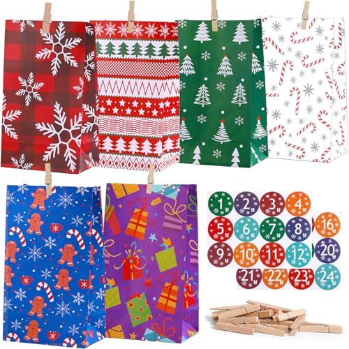 Adventskalender zum Befüllen, 24 Adventskalender Selbst Befüllen | Weihnachtskalender Papiertüten zum Befüllen und Holzklemme, Adventskalender Selber Befüllen für Kinder und Erwachsene