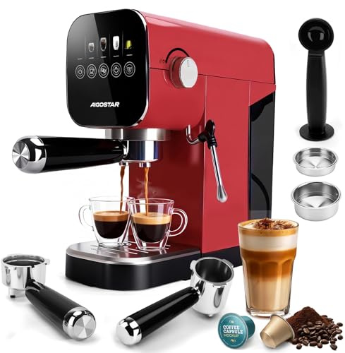 Aigostar Barista - Cafetera Espresso y Capuccino, Compatible con cápsulas y café molido, 20 Bares, Panel Táctil Digital, 1 o 2 tazas, Máquina de café con espumador de leche, 0.9L, 1350W, Inox, Rojo