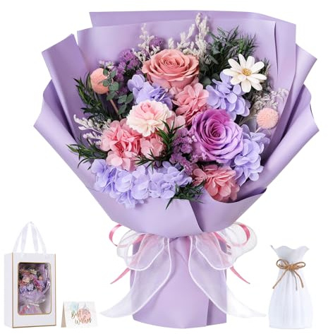 Lewondr Flower for Delivery, Preserved Flowers Bouquet, Purple Rose Bouquet, Real Long-Lasting Forever Birthday Flowers Gifts for Mom Grandma Wife Women Mothers Day Anniversary Christmas, Pink-Purple