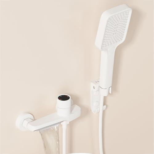 BiaoTeng Badewannenarmatur Wasserfall mit Handbrause Armatur Badewanne Wandmontage 3 Strahlarten Warm und Kalt Mischbatterie Badewanne Set Milch Weiß