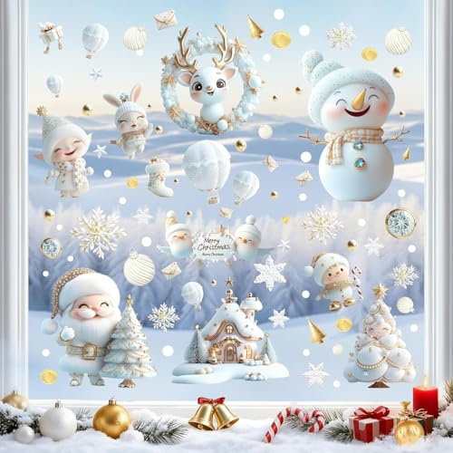 9 Pièces Stickers Noel Fenetre, Autocollants Noël Fenetre | Decoration Noel Fenetres Electrostatique PVC Stickers avec Motif Bonhomme de Neige pour Chambre D'enfant, Vitrine (Or Blanc)